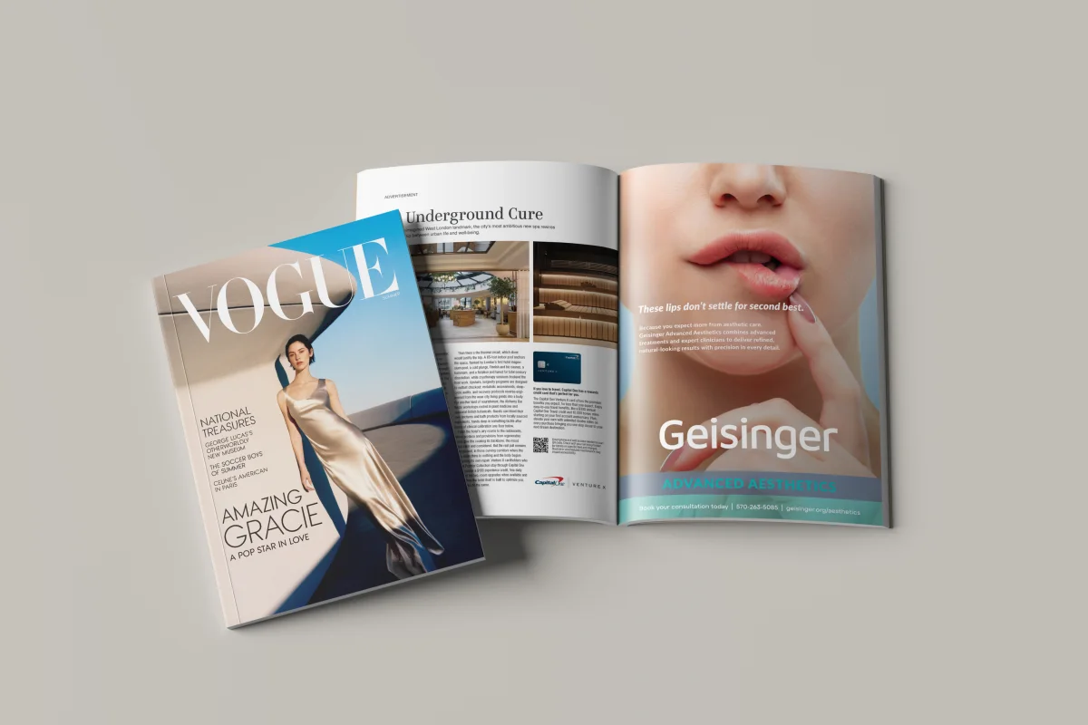 Geisinger Advanced Aesthetics print campaign shown in Vogue and a magazine spread