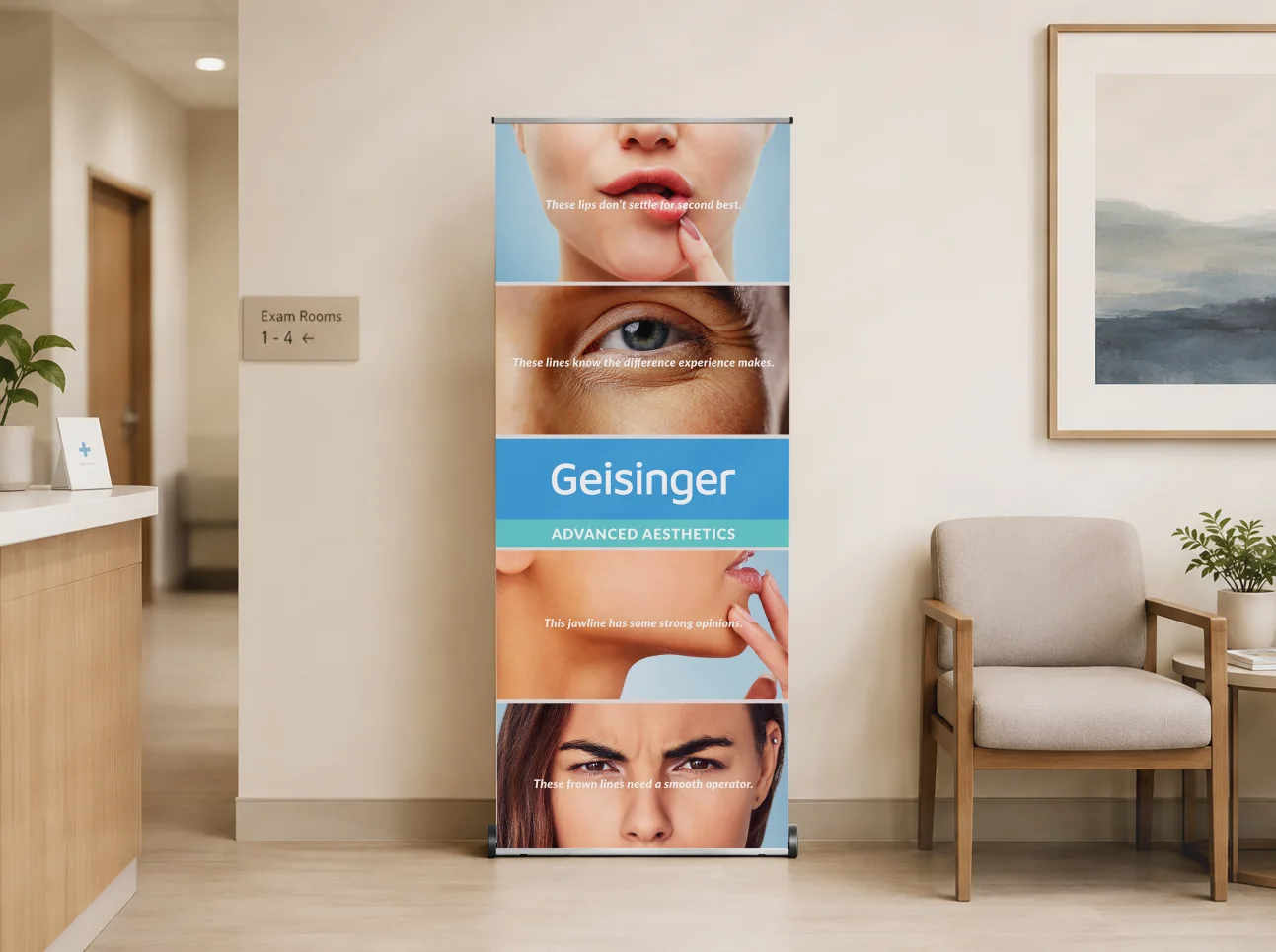 Geisinger Advanced Aesthetics roll-up display in a clinic lobby