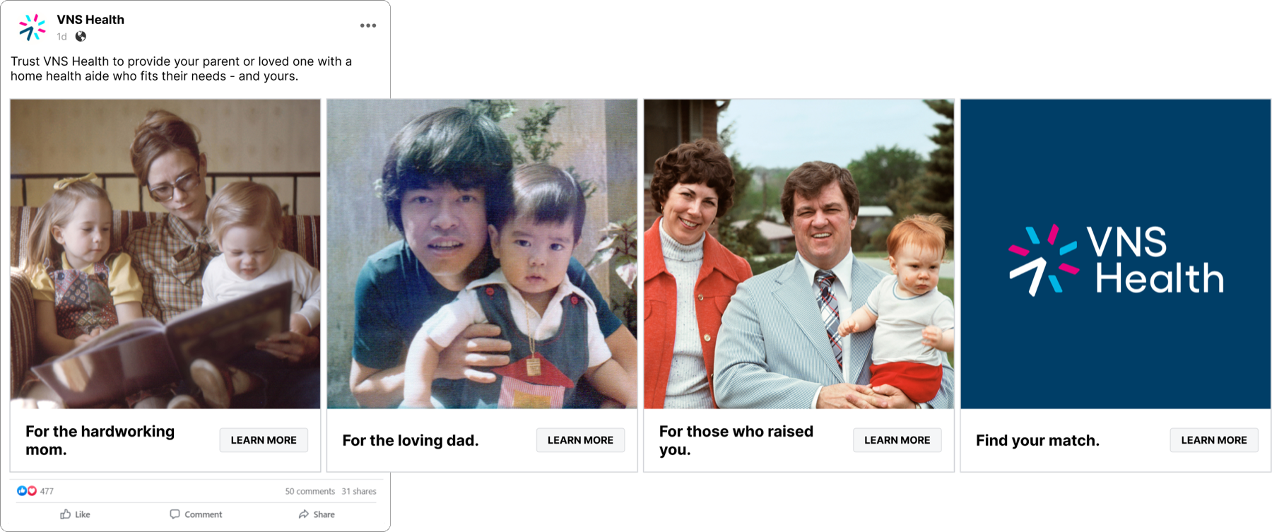 A sequence of VNS Health Private Pay social posts built around authentic family memories.